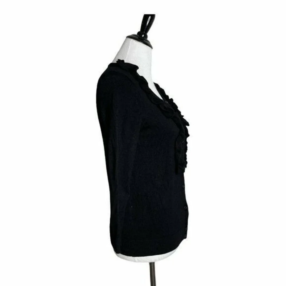 Black Ruffled Cardigan Sweater Scoop Neck Layered Frill‎ 3/4 Sleeve Knit Top MP